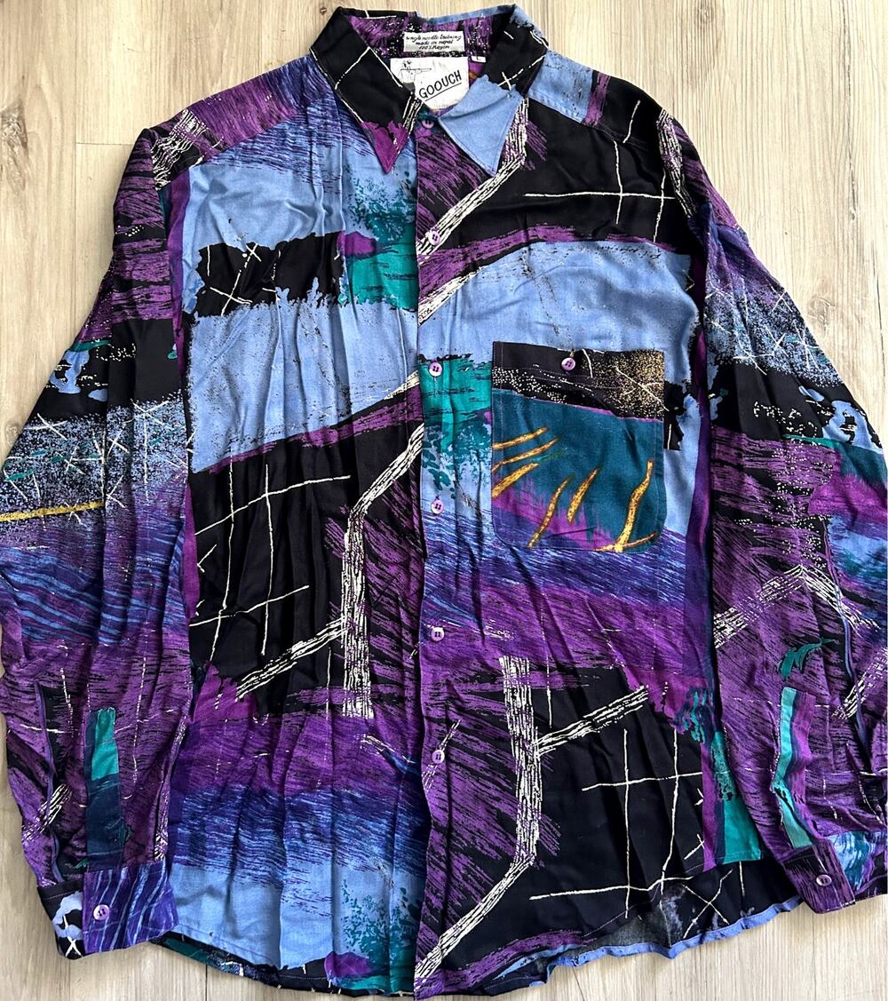 Goouch Mens Long Sleeve Abstract Shirt Sz Lrg Geometric VTG 80s Single Needle